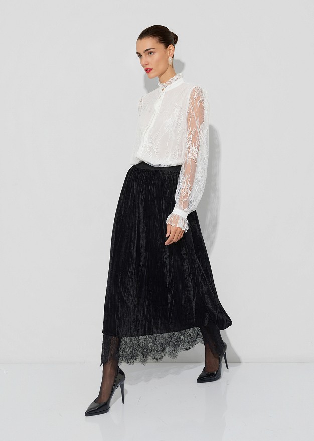 Velvet-look and lace double-sided maxi skirt