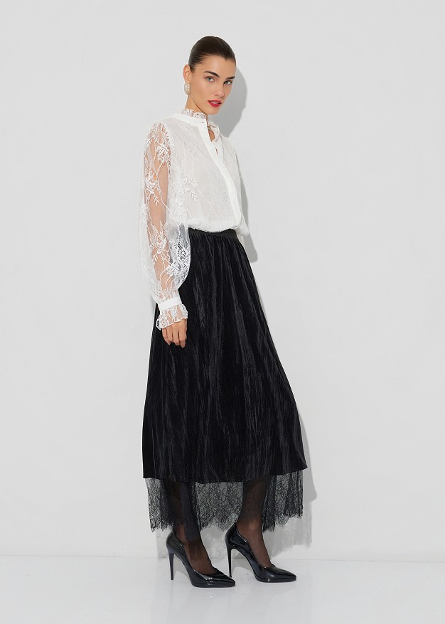 Velvet-look and lace double-sided maxi skirt