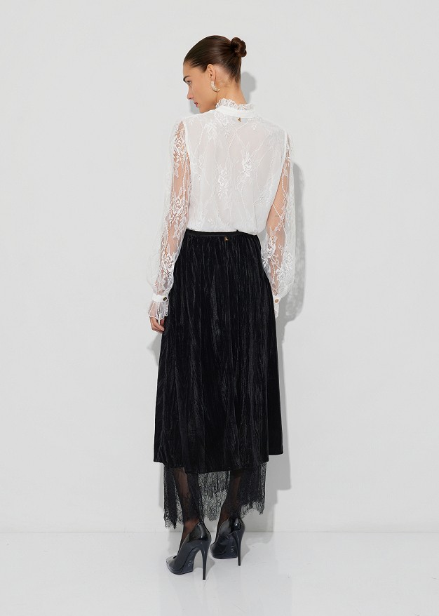 Velvet-look and lace double-sided maxi skirt