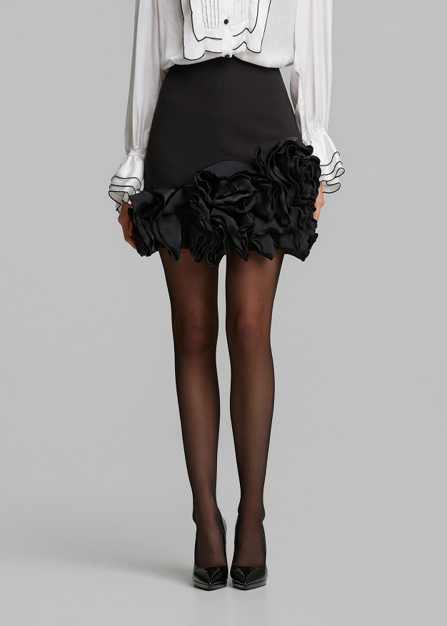 Mini skirt with satin-effect floral appliqué