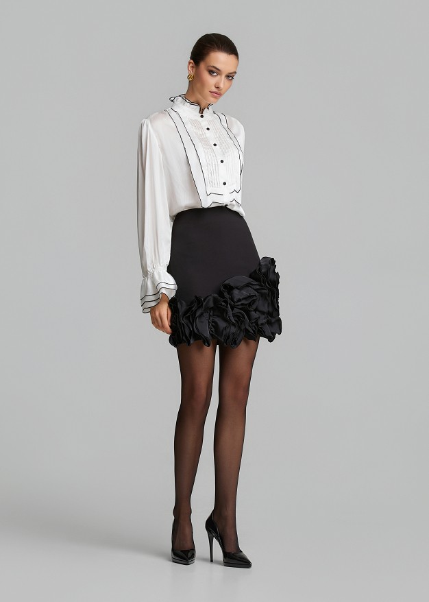 Mini skirt with satin-effect floral appliqué