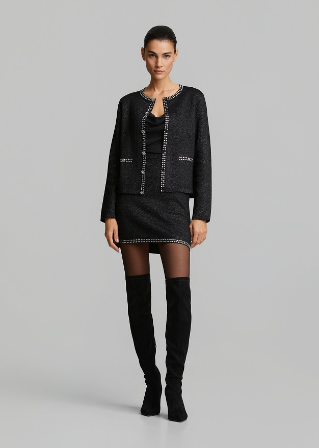 Lurex knit cardigan with decorative snap