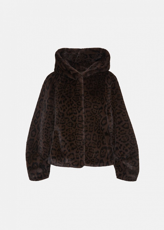 Short leopard-print faux fur jacket with a hood
