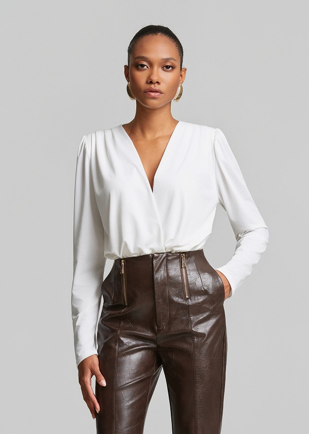 Wrap bodysuit in deep neckline