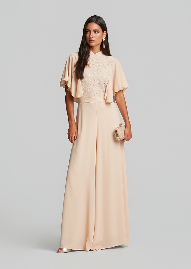 Sequin lace jumpsuit with ruffle sleeves
