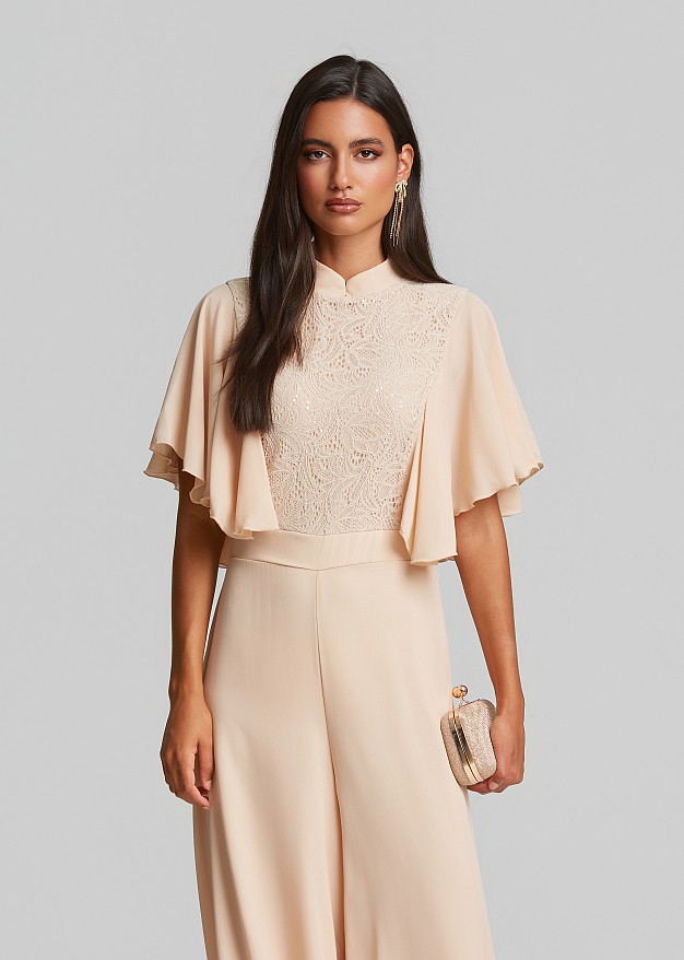 Sequin lace jumpsuit with ruffle sleeves