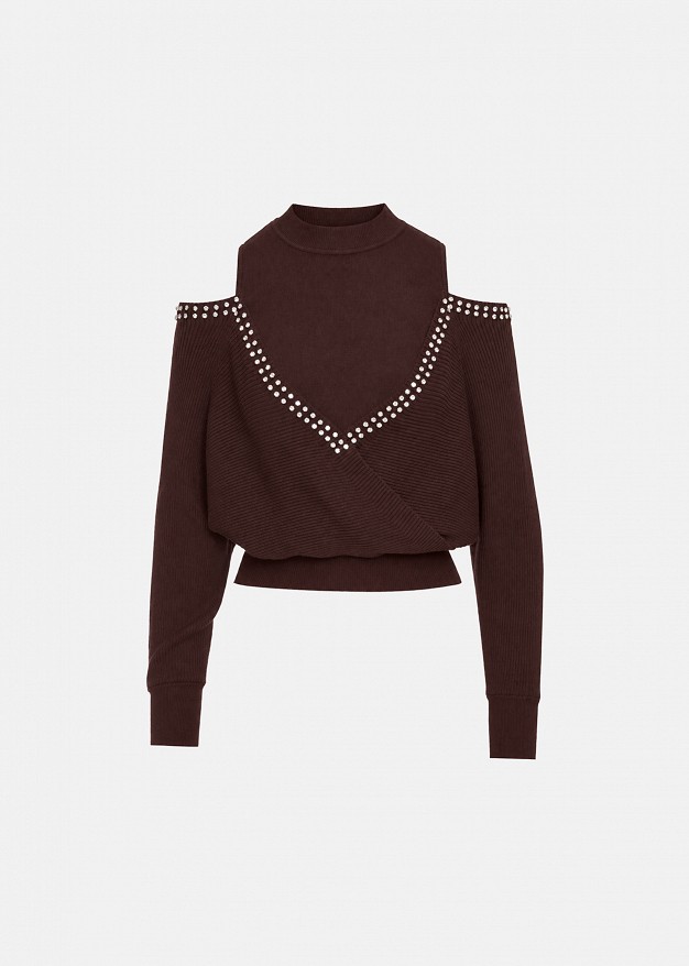Off-the-shoulder sweater with decorative crystals