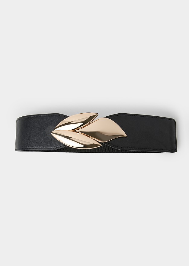 Wide belt with metal buckle in a leaf design