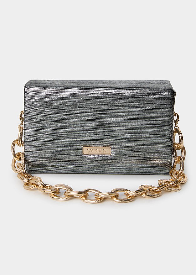 Metallic clutch box bag with chain