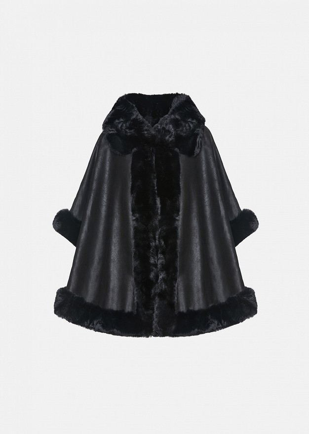 Leather-look cape with faux fur trim