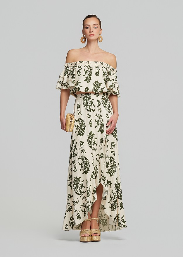 Printed off-shoulder top with ruffle sleeves