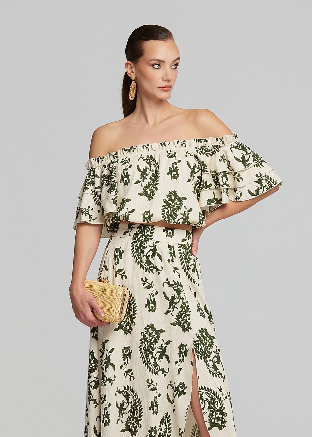 Printed off-shoulder top with ruffle sleeves