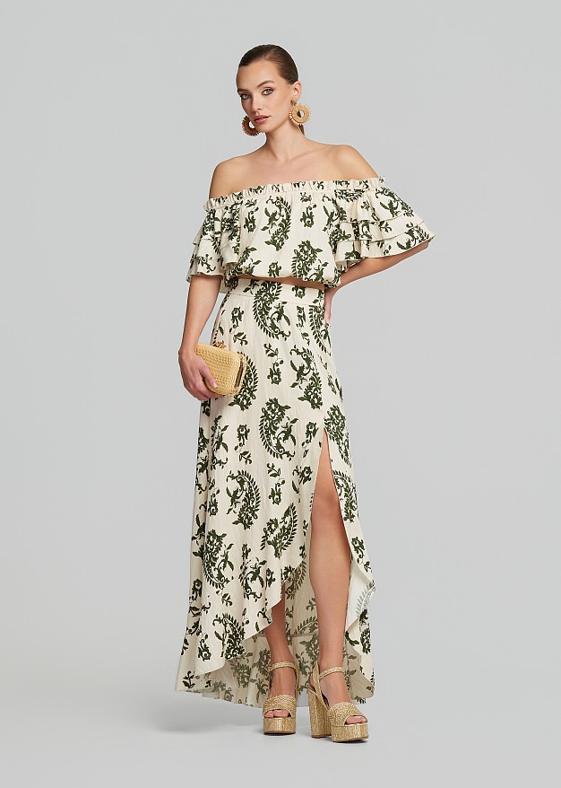 Printed off-shoulder top with ruffle sleeves