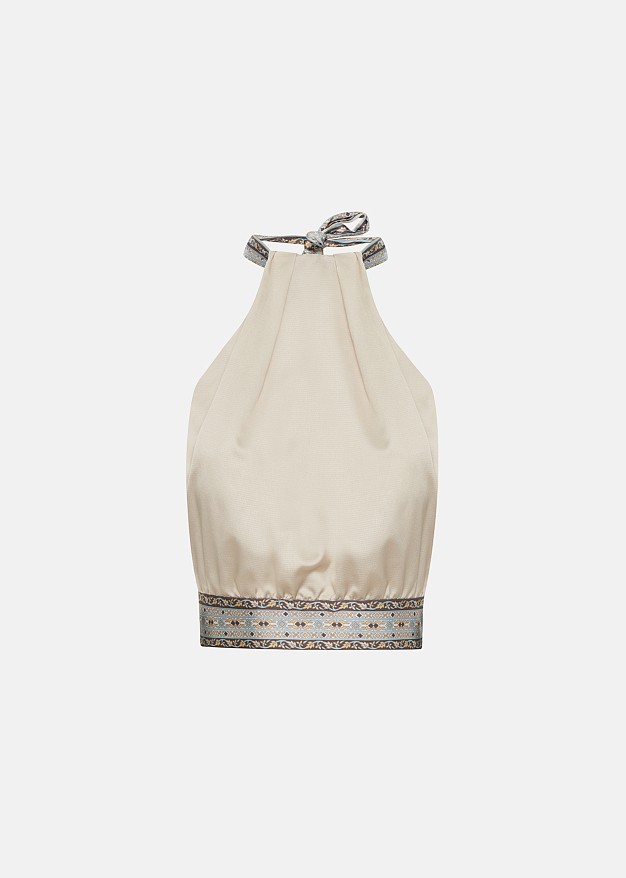 Halter neck top in satin look and contrast print