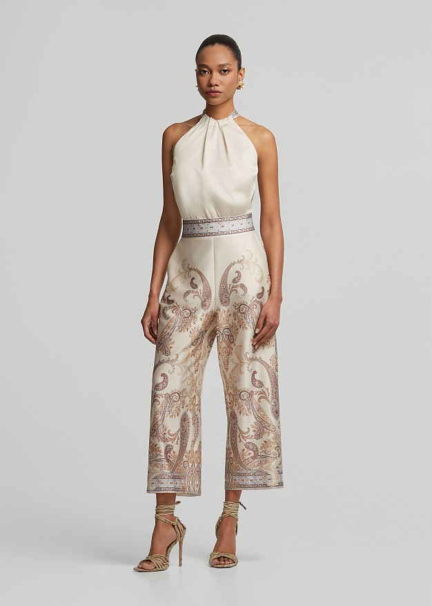 Halter neck top in satin look and contrast print