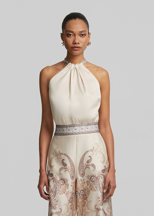 Halter neck top in satin look and contrast print