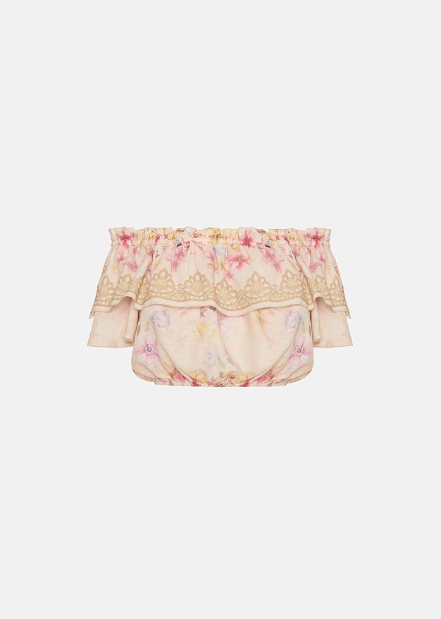 Off-shoulder printed top with ruffles in linen look