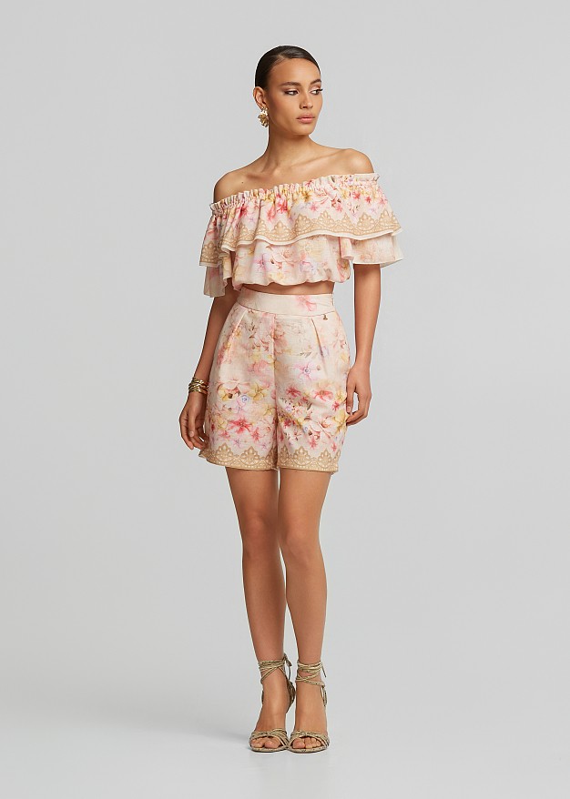 Off-shoulder printed top with ruffles in linen look
