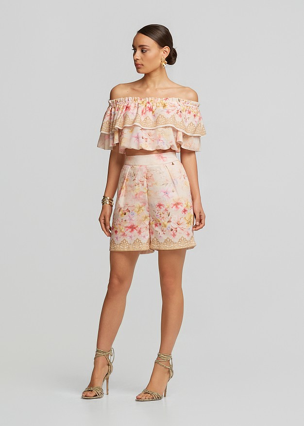 Off-shoulder printed top with ruffles in linen look