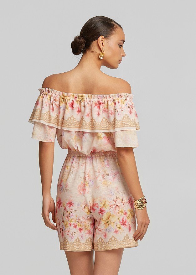 Off-shoulder printed top with ruffles in linen look