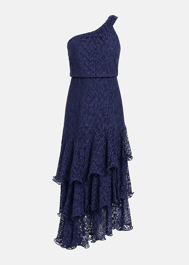 One-shoulder maxi lace dress with layered ruffles