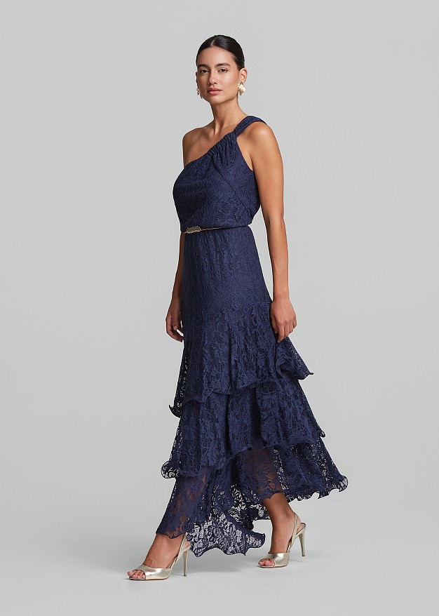 One-shoulder maxi lace dress with layered ruffles