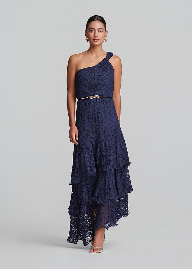 One-shoulder maxi lace dress with layered ruffles