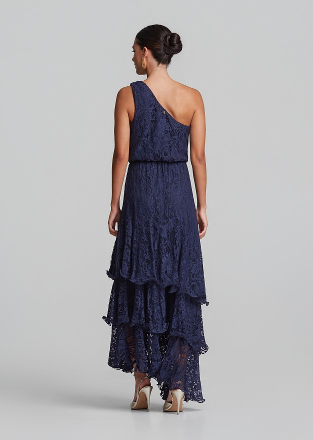 One-shoulder maxi lace dress with layered ruffles