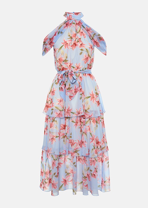 Printed halter-neck dress with ruffles