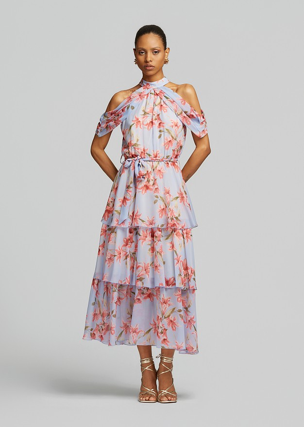 Printed halter-neck dress with ruffles