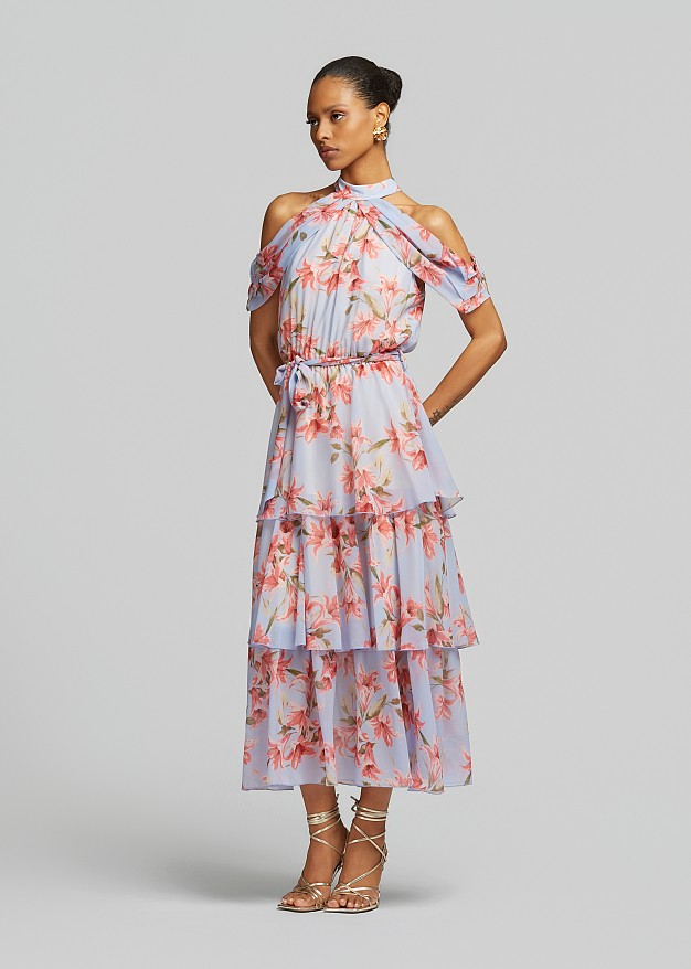 Printed halter-neck dress with ruffles