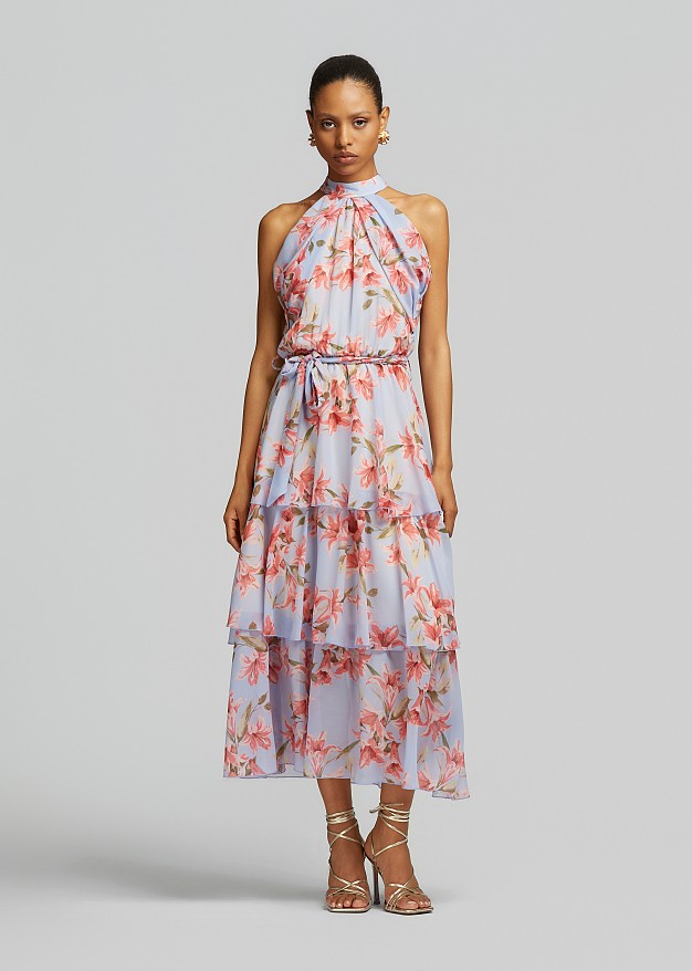 Printed halter-neck dress with ruffles