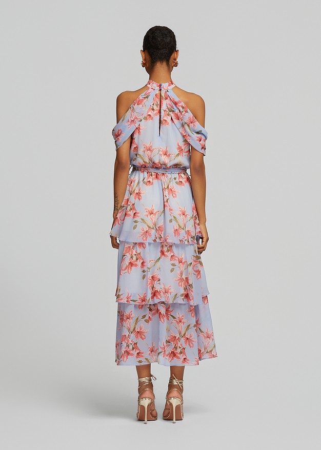 Printed halter-neck dress with ruffles