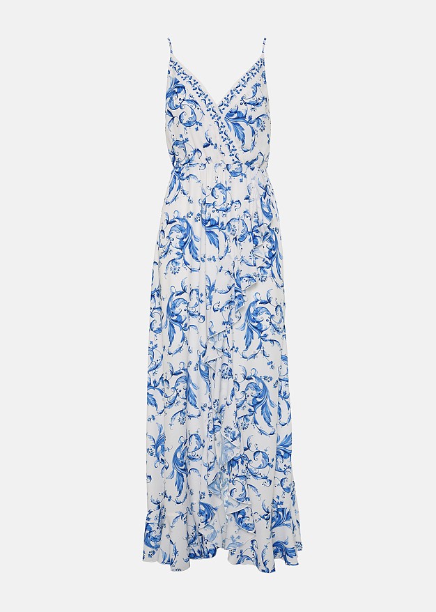 Rochie lungă cu print porcelain și volane