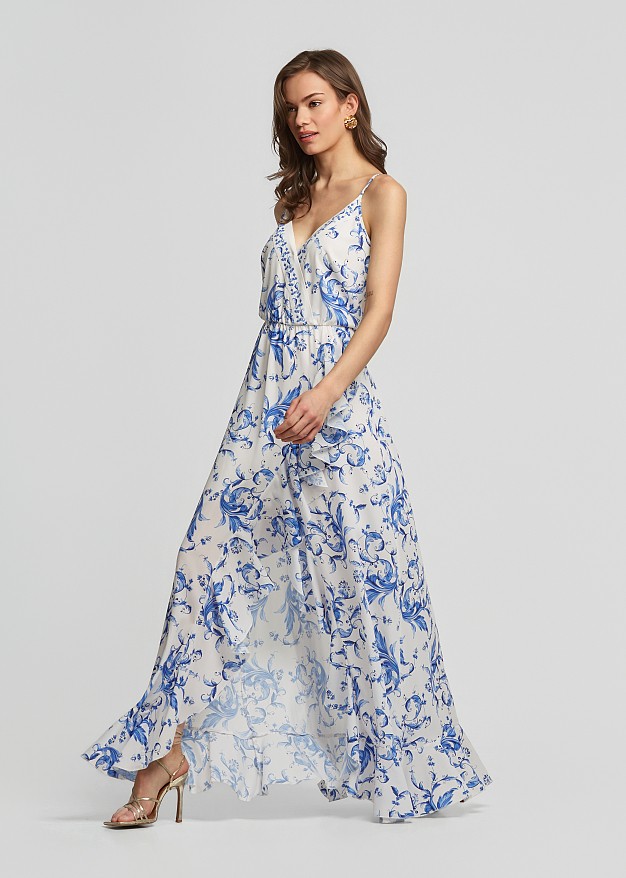 Rochie lungă cu print porcelain și volane