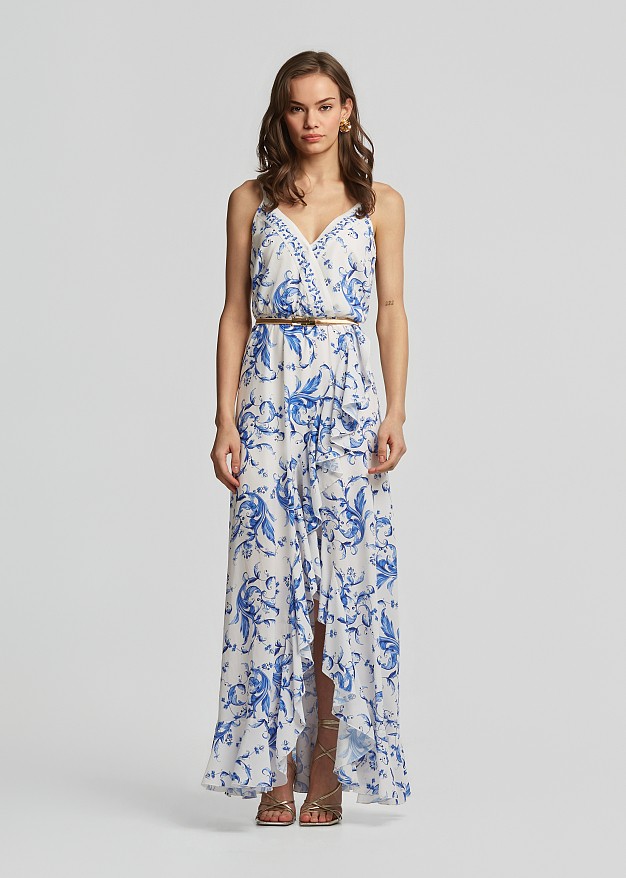 Rochie lungă cu print porcelain și volane