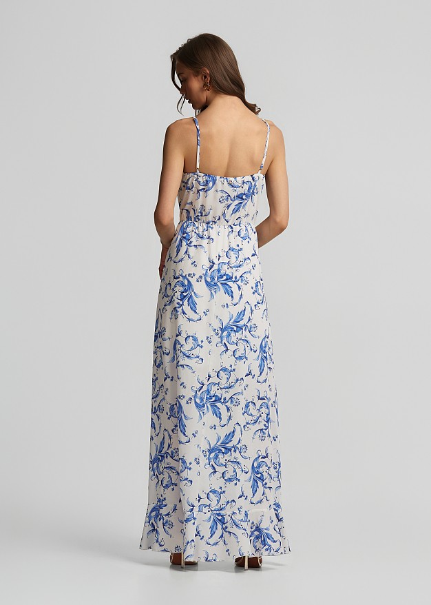 Rochie lungă cu print porcelain și volane