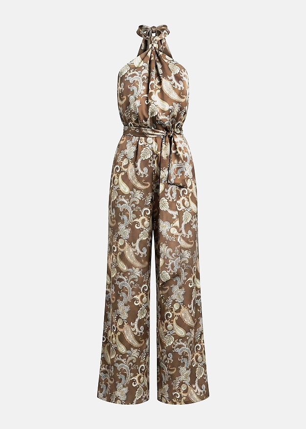 Printed halter-neck jumpsuit with a metallic detail