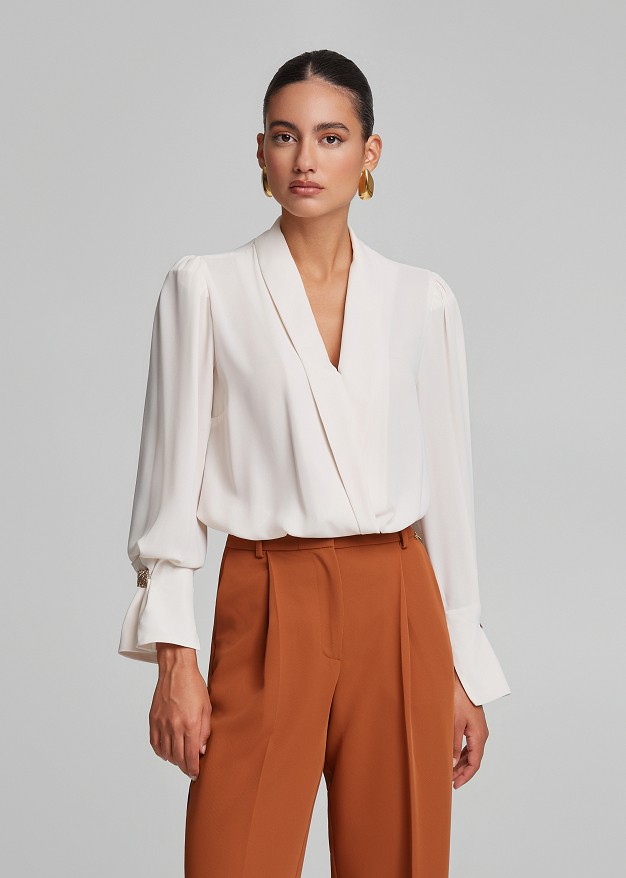 Wrap blouse with lapels in semi-sheer fabric
