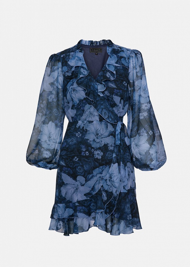 Rochie scurtă petrecută cu print și volane