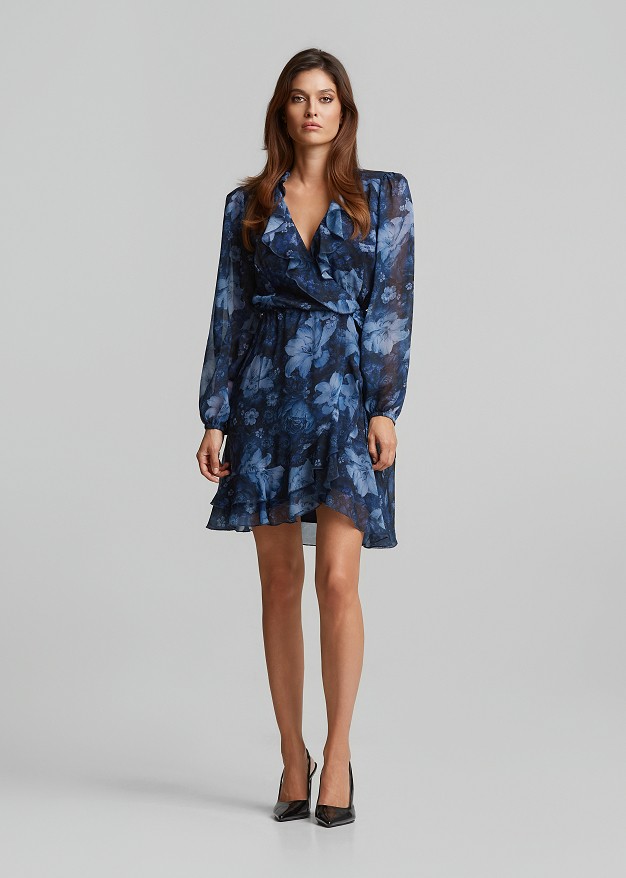 Mini wrap printed dress and ruffles
