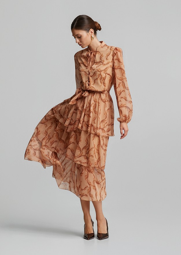 Frilled midi dress in ethnic print
