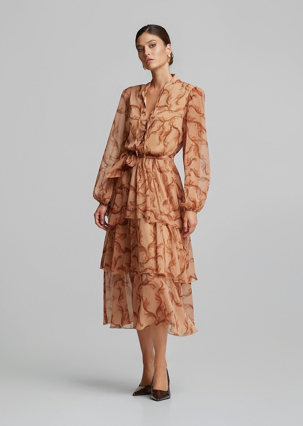 Frilled midi dress in ethnic print