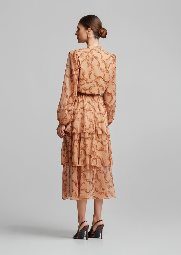 Frilled midi dress in ethnic print
