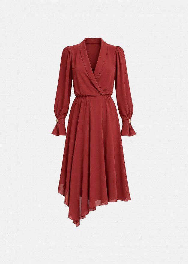 Midi wrap dress with asymmetric ruffles