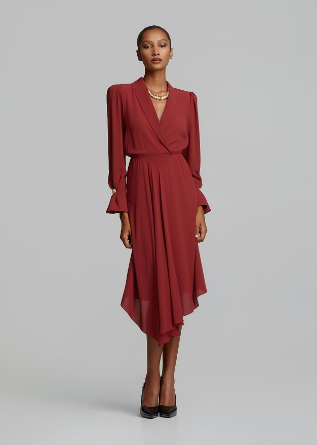 Midi wrap dress with asymmetric ruffles