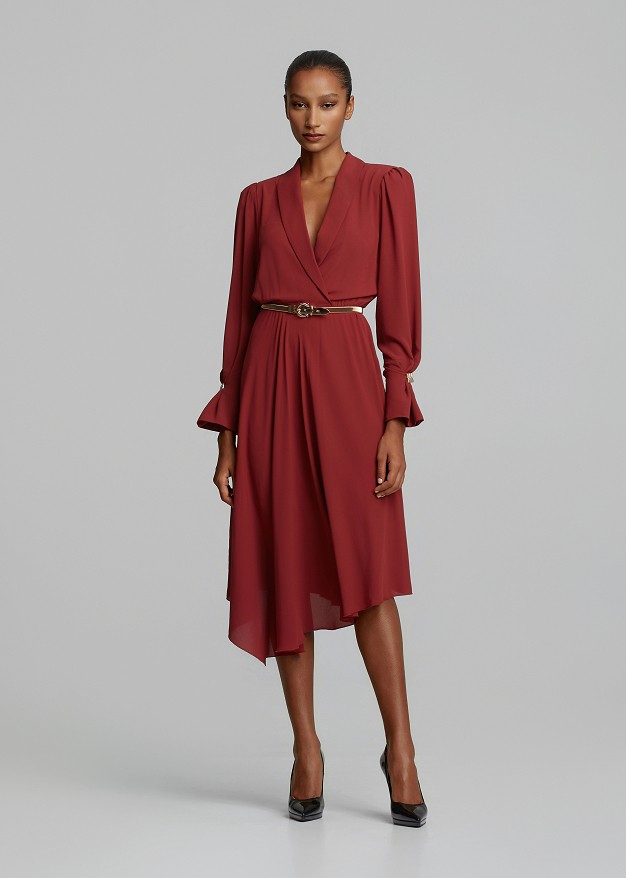 Midi wrap dress with asymmetric ruffles
