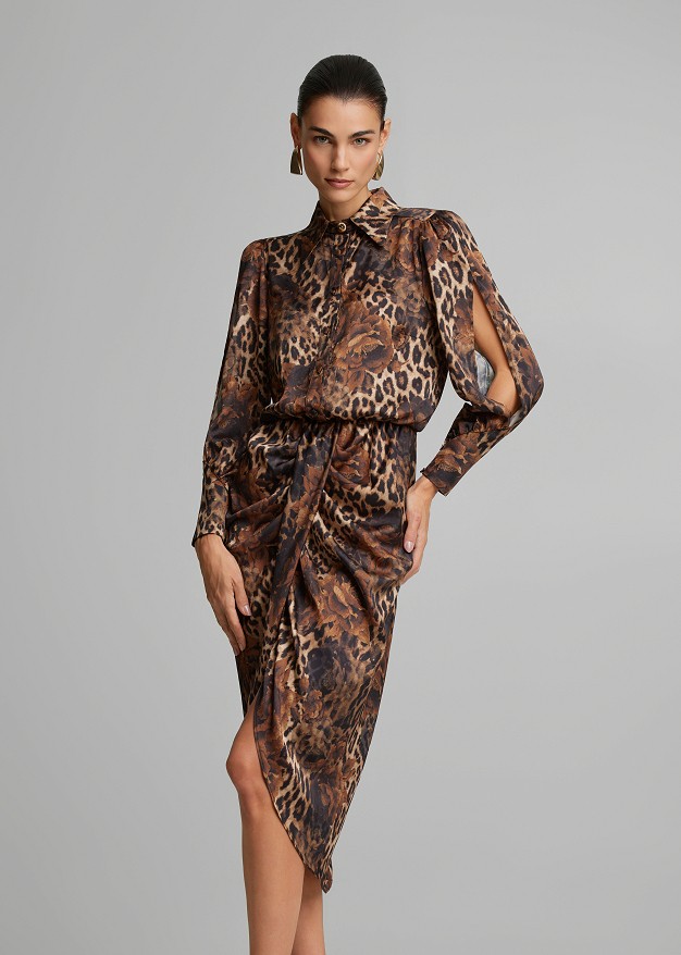 Midi leopard-print dress with a satin finish