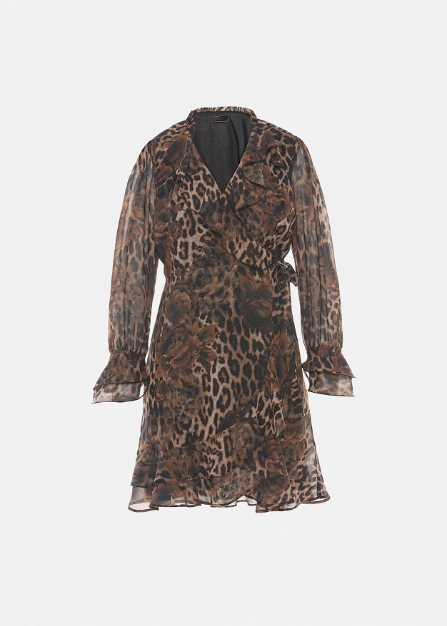 Leopard-print wrap dress in ruffles
