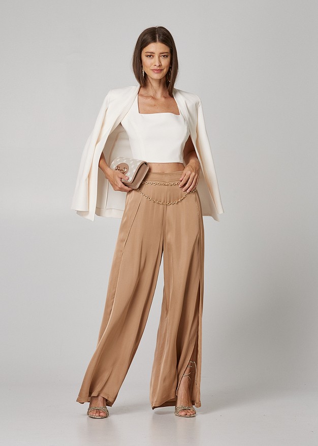 High rise trousers with side cuts and satin look